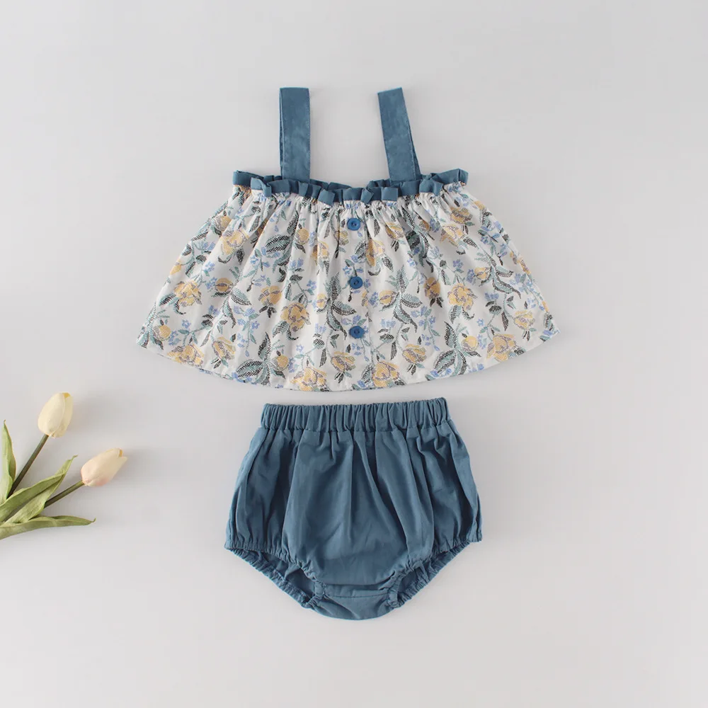 2022 Summer suit for baby girl baby sleeveless Sling Top + solid color bread pants baby girl 2-piece suit sunflower outfit