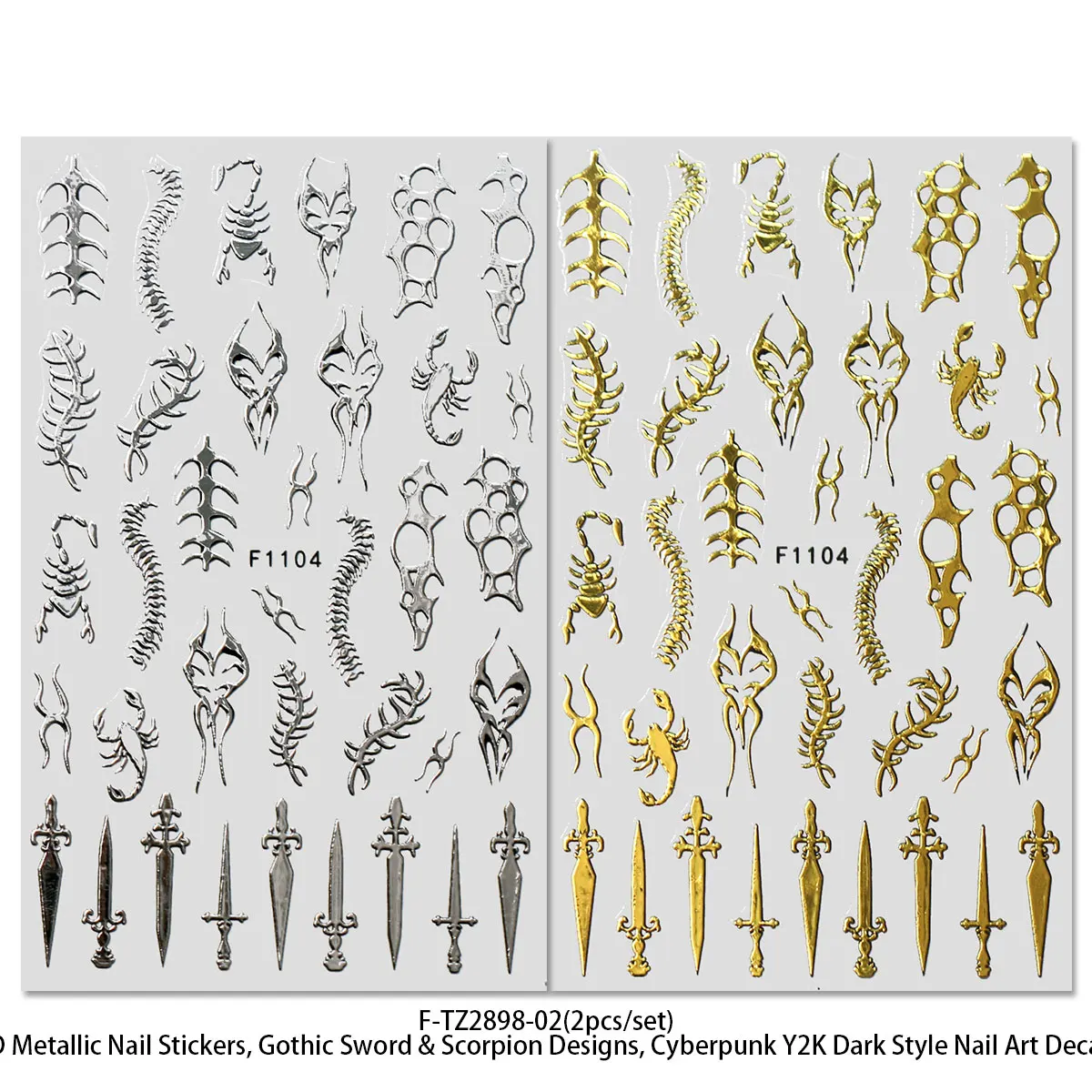 2Pcs Metallic Gold Silver Gothic Nail Stickers Set, Cyberpunk Y2K Dark Style Sword Scorpion Spine Nail Art Decals for Party Musi