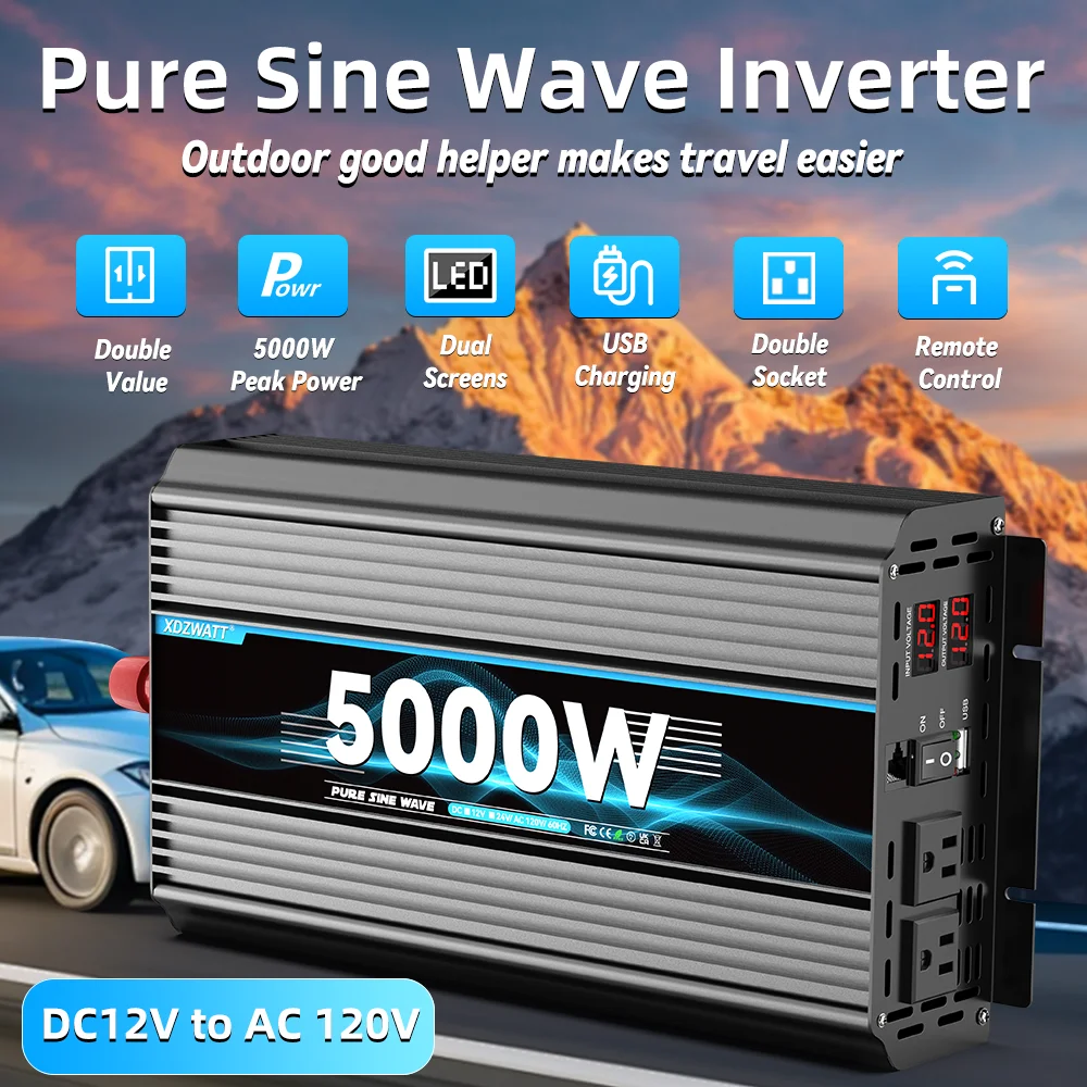 DC 12V 24V AC 120V 5000W Output Inverter Pure Sine Wave Solar Power System Inversor Converter For Outdoor Camping Caravans