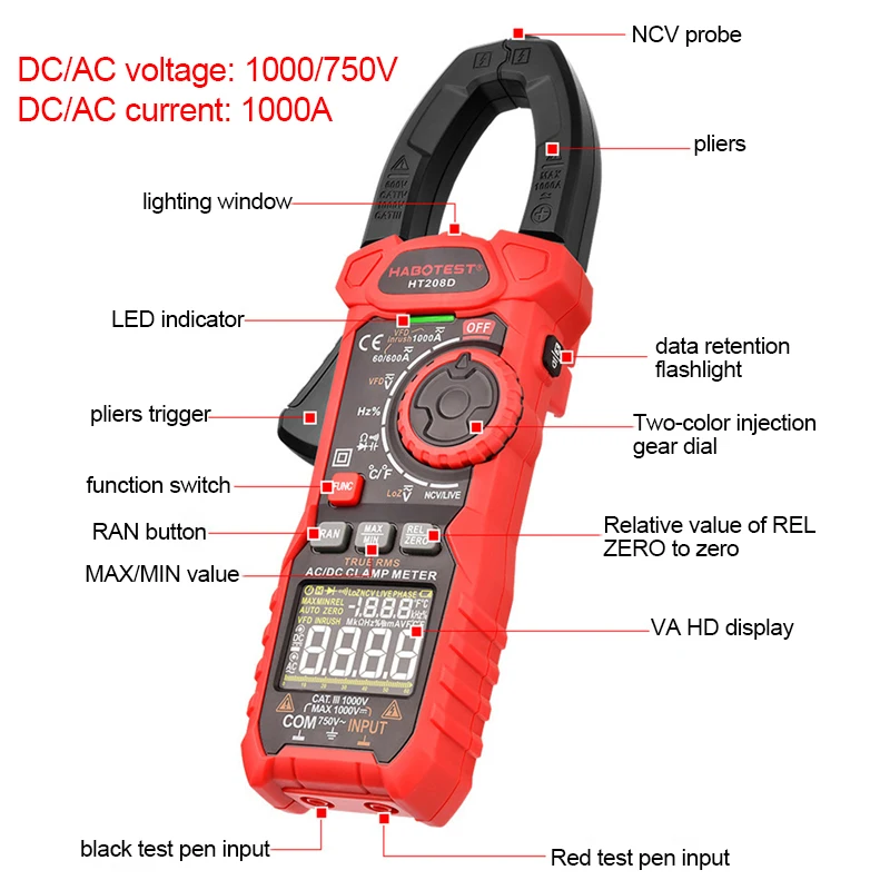 

HT208 Professional Digital Clamp Meter AC DC 1000A Pliers Ammeter NCV Voltmeter VFD REL Resistor Capacitance Test Current Clamps