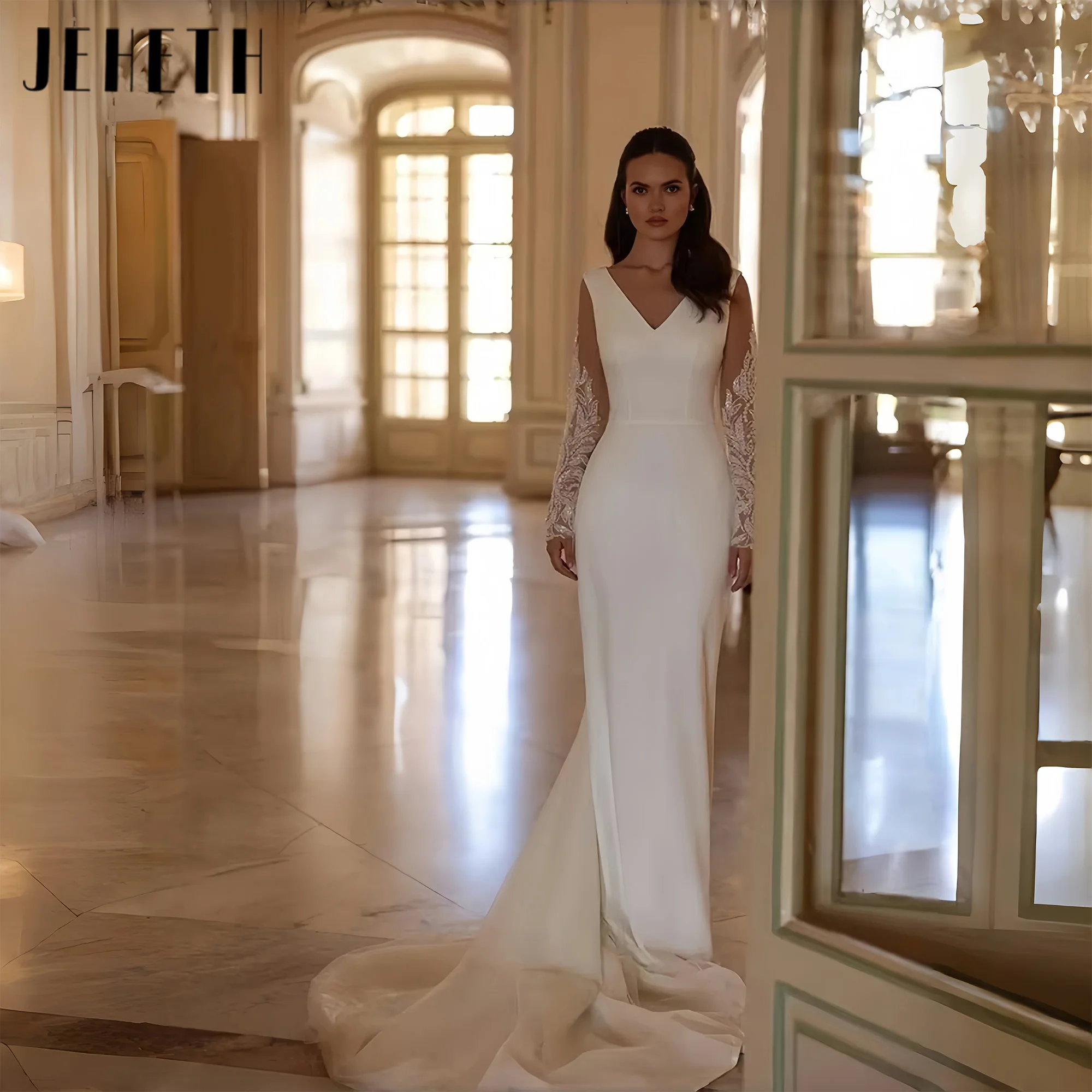 

Elegant Wedding Dresses Satin Bridal Gowns Lace Appliques Full Sleeves Sweep Train Glamorous Vestidos De Novia 2025 Customized