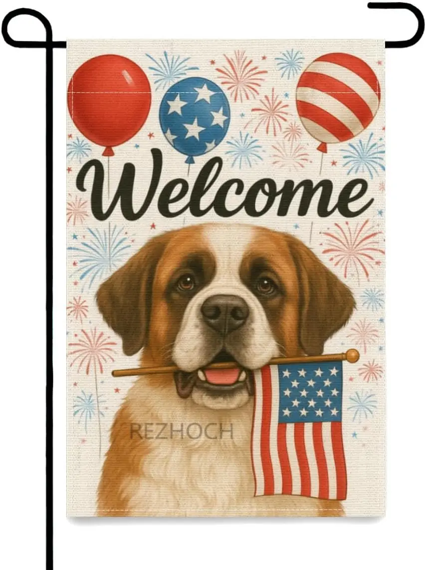 REZHOCH 4th of July Patriotic Garden Flag Welcome Funny Saint Bernard Dog Independence Memorial Day Yard Flags for Outside 1 IIC