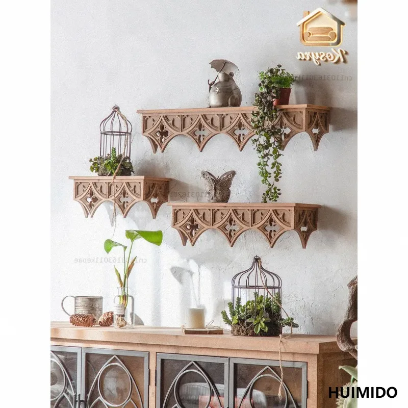 Retro old wall shelf wall hanging engraved art entrance creative shelf living room wall decorative shelf ornament