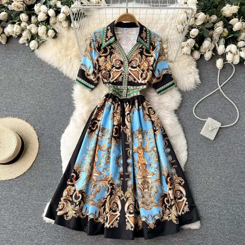 Neploe 2024 Summer New Palace Vintage Printed V-neck Dress Slim Foreign Style Light Luxury Large Swing A-line Dress