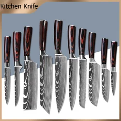 1-10Pcs Chef Knife Laser Damascus Stainless Steel Kitchen Knives Japanese Santoku Fish Slicing Meat Cleaver Cooking Cutter Tools