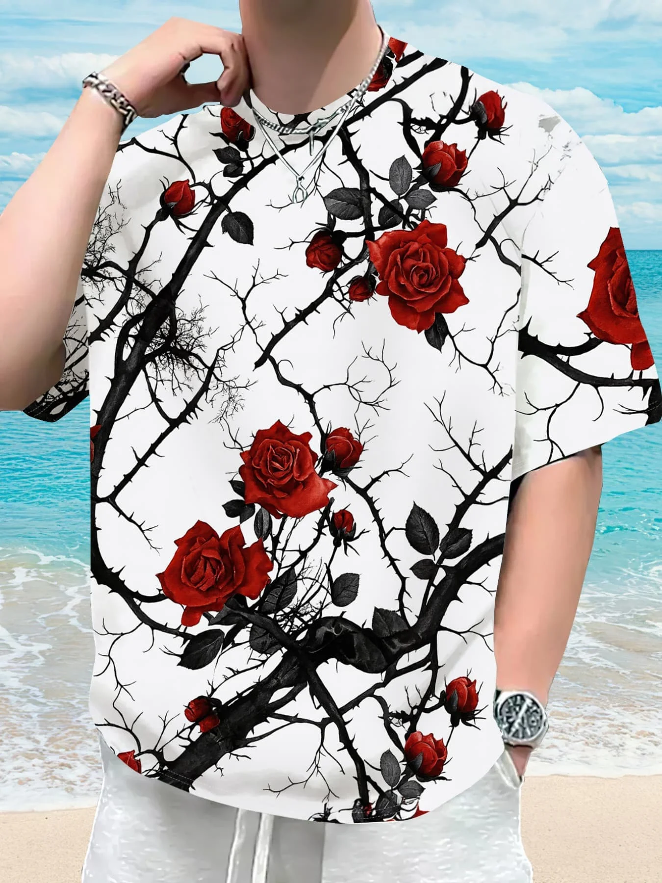 Black Thorn Red Rose Full Print Short Sleeve T-shirt for Men and Women Retro White Base Flower Loose Shoulder Half Sleeve Top