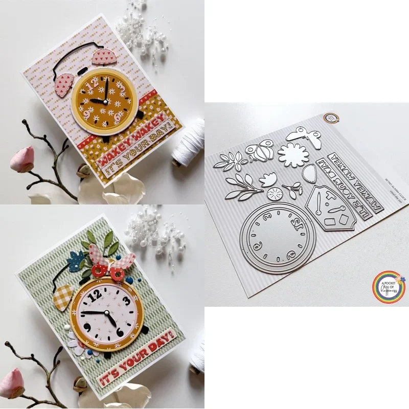 Er is ook een paar kleine oorkappen bovenop de wekker. Nieuwe aanwinst 2026 metaal snijmal scrapbooking DIY decoratie.