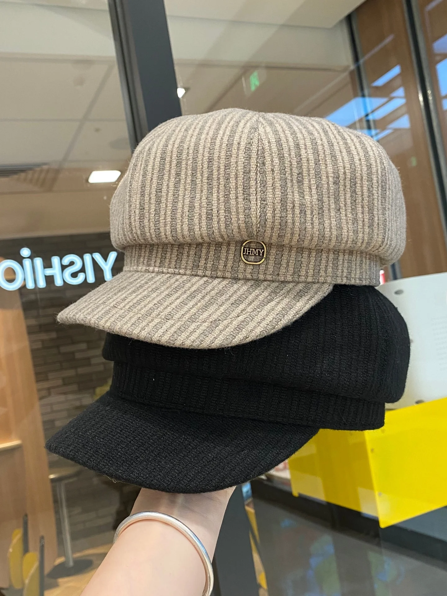 autumn-winter-stripe-octagonal-beret-hat-women's-casual-vintage-style-newsperson-cap-adjustable-round-top-wide-brim-hat