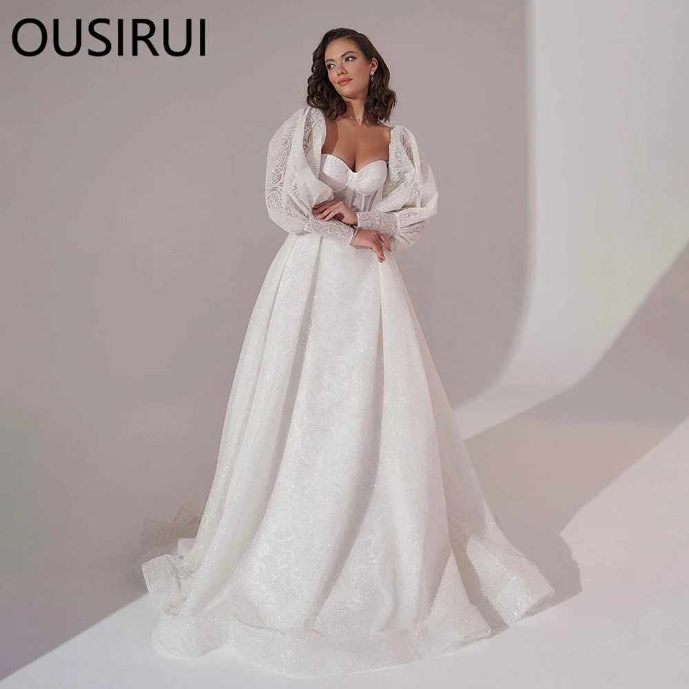 OUSIRUI Sweethear Collar Shiny Lace A-line Boho Wedding Party Dress Lace up Court Wedding Gown with Detachable Puff Sleeve