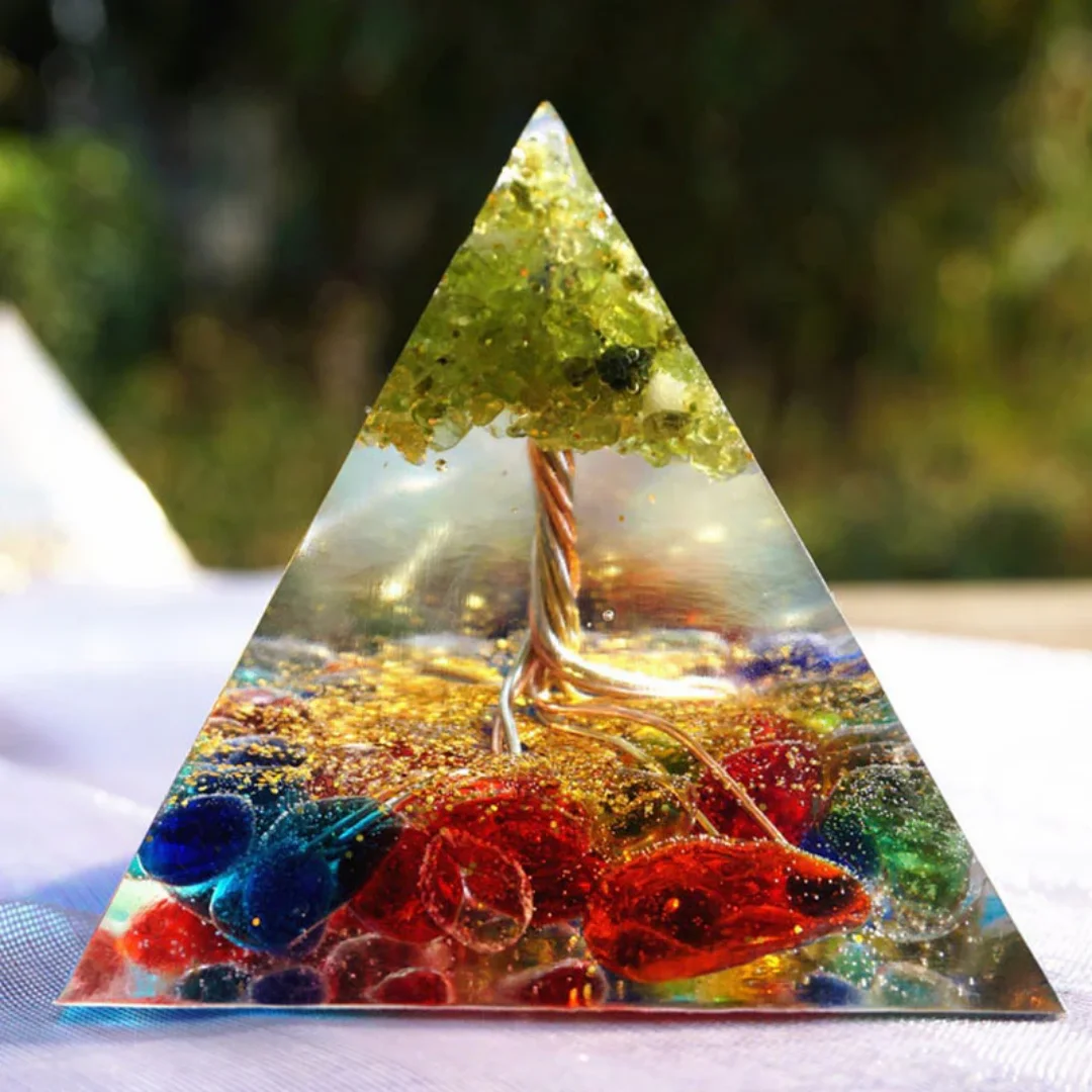 1pc Fluorite Peridot Tree Of Life Orgone Pyramid,  Home Desktop Handmade Ornaments, Crystal Organite Pyramid