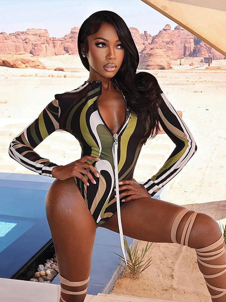 Weird Puss Hipster Colorful Bodysuit Women Zip Stripe Patchwork Full Sleeve Sexy Fashion Hottie Stretch Skinny Street Clubwear