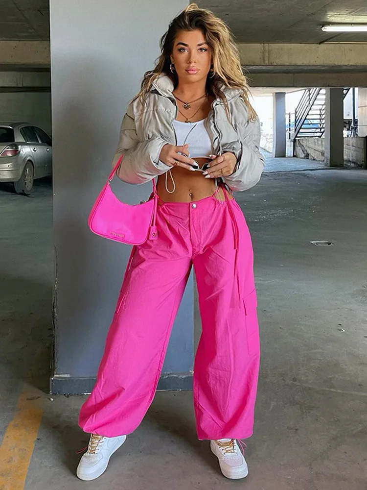 

Tossy Pink Lace-Up Casual Cargo Pants For Women Wide Leg Baggy High Street Pocket Trousers Hollow Out Fashion Designer Trousers