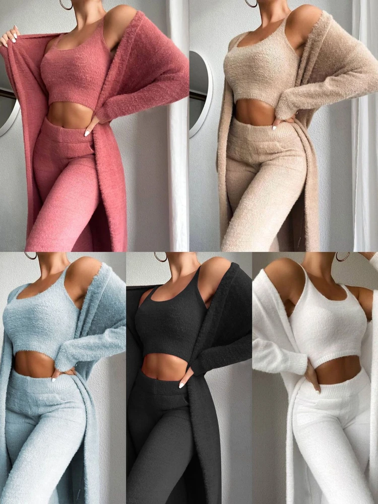 

Women's Suit New Sexy V-neck Plush Short Vest Trousers Three-Piece Stitching Blended Temperament Commute Fashion Spring Autumn