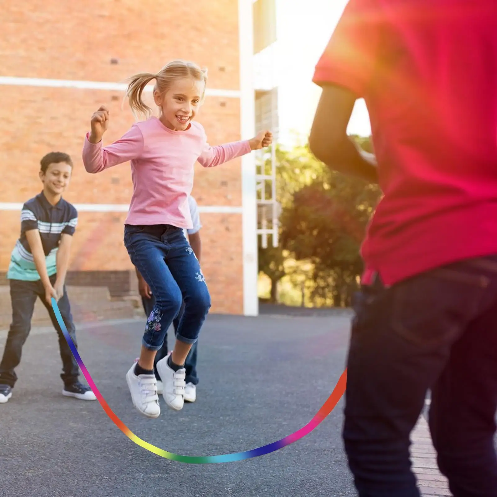Jump Rope For Kids 16.4 Ft Rainbow Jumping Rope With Wooden Handle Adjustable Skipping Toy For Kids Multiplayer School