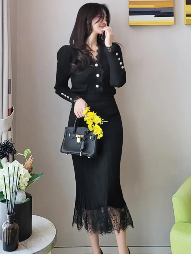 Korean Fashion Womens Knitted Skirts Suit V-Neck Lace Splicing Cardigan Sweater + Stretch Mid Length Skirt Female 2 Piece Set