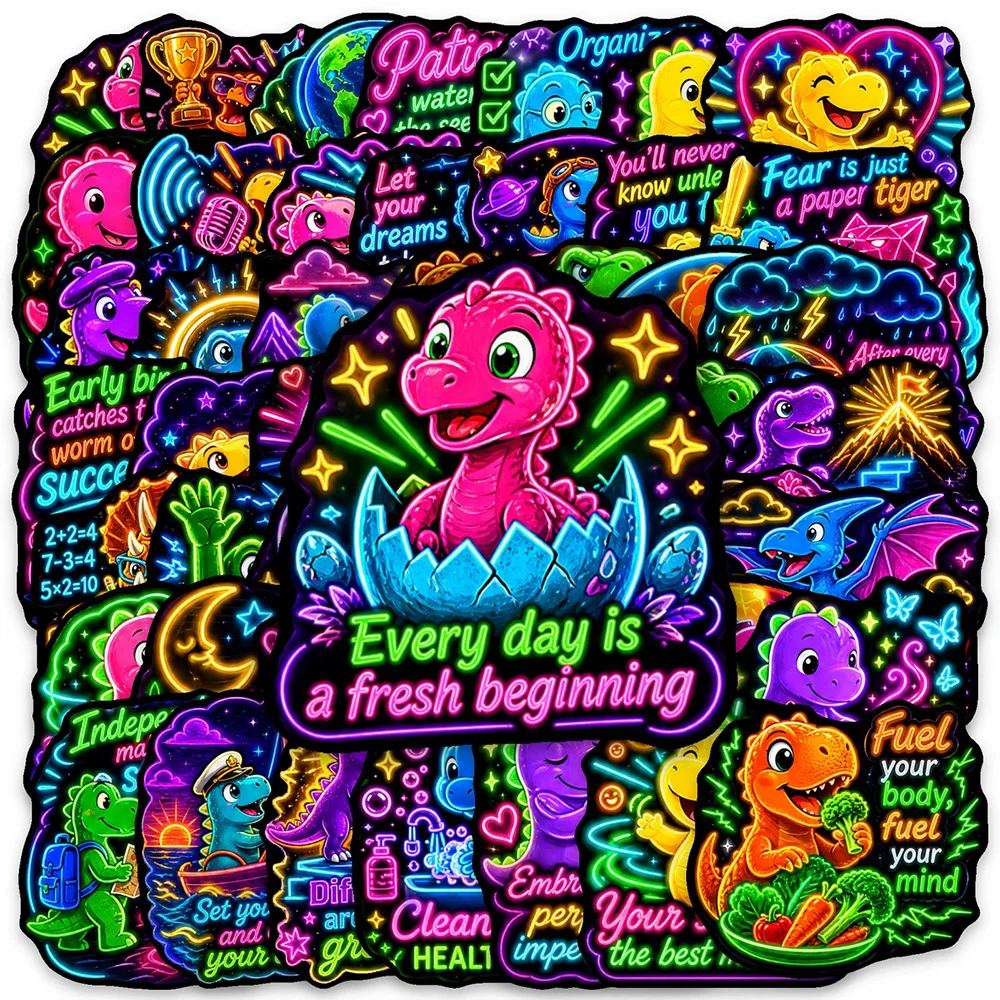 10/30/50pcs Neon Style Inspirational Dinosaur Cartoon Quotes Stickers DIY Stationery Journal Laptop Cute Decoration Decals Toys