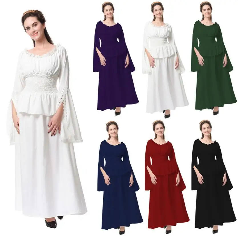 

Women Renaissance Costume Medieval Vintage Dress for Women Party Wedding Short Sleeves Off Shoulder Waist Retro Pleated
