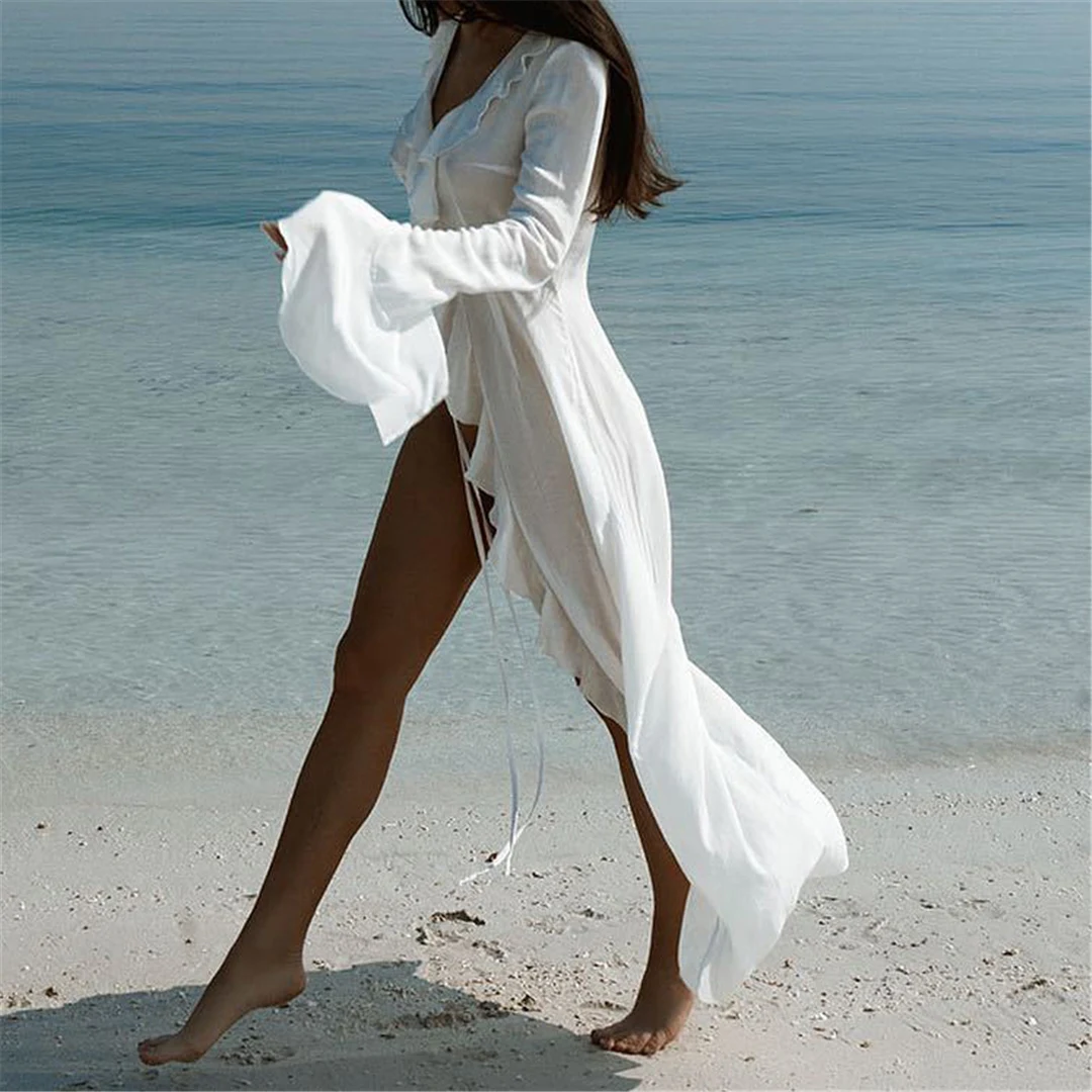 Neues, verführerisches Oberteil mit V-Ausschnitt, Rüschen und langen Ärmeln aus Chiffon, als Strandkleid oder als Überwurf, Strandmode, Damenmode, V5976. – Detail 21
