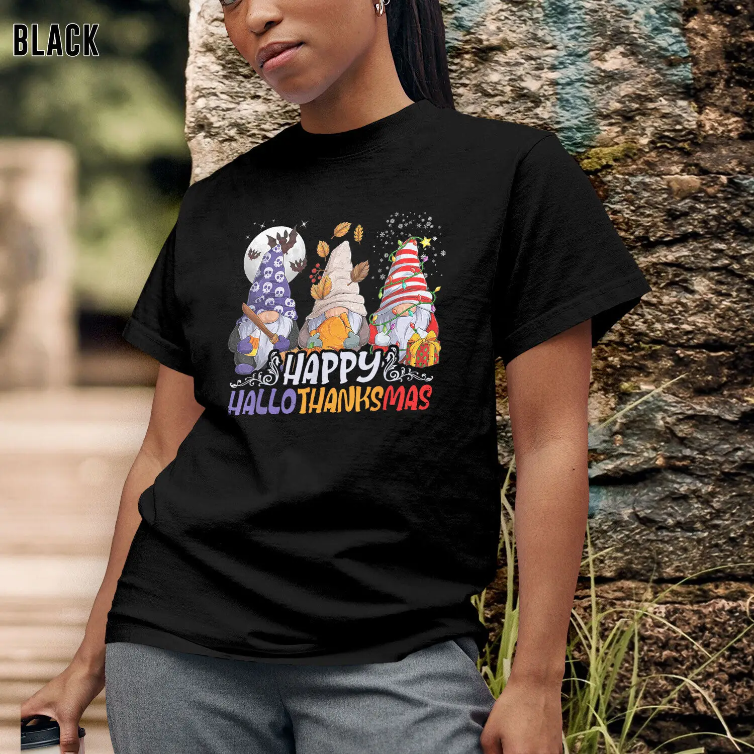 

HalloThanksMas Gnomes Halloween Thanksgiving Christmas Celebration T-Shirt Gift