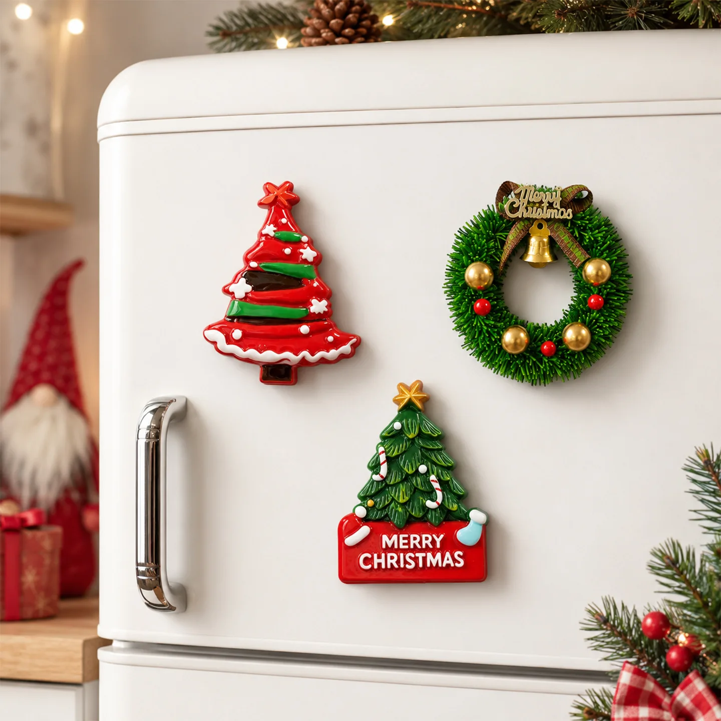 Juego de imanes para nevera con motivos navideños: árbol de Navidad, guirnalda, adhesivo para nevera, decoración 3D de resina para el hogar y la cocina, regalo navideño.