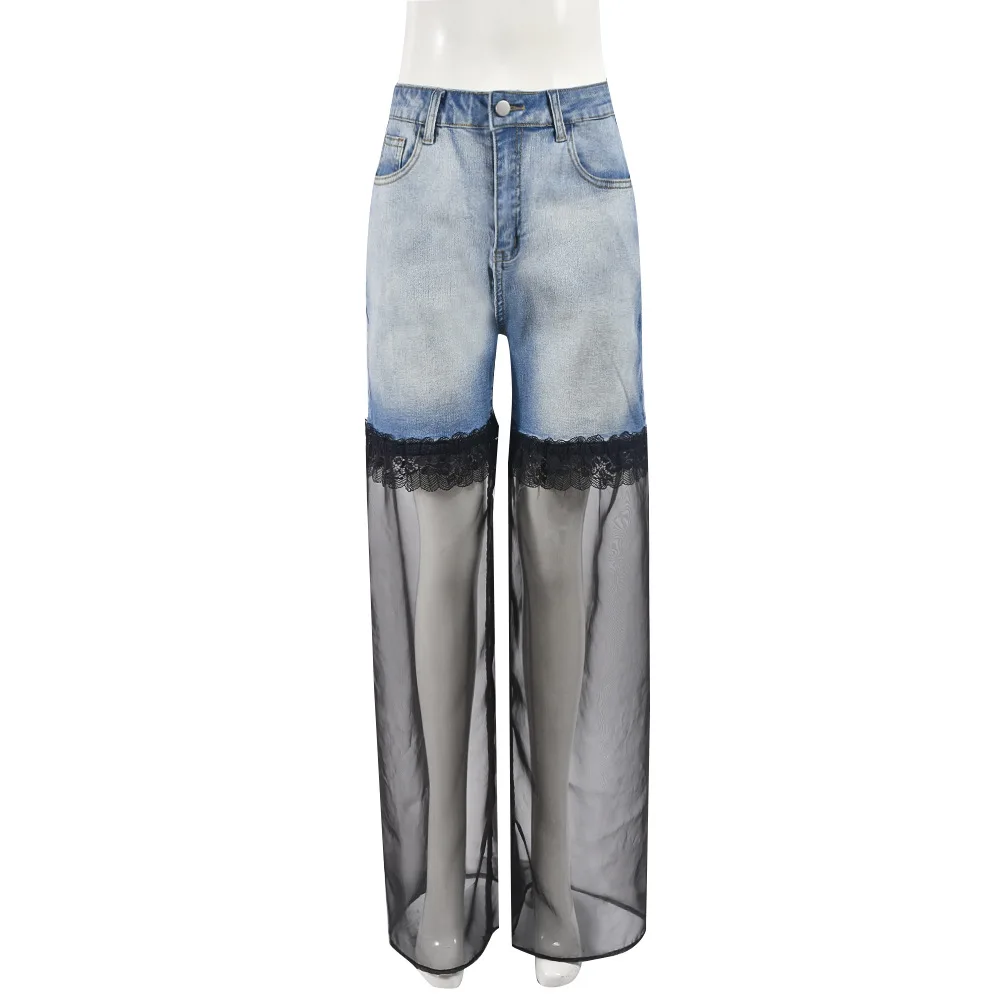 2024 Patchwork See Through Denim Pants High Waist Mesh Sexy Straight Long Pants Women Fashion Summer Streetwear Baggy Jeans