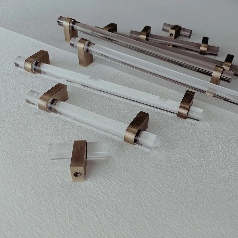 Smoky Gray Transparent Acrylic Kitchen Cabinet Handles Brass T Bar Cupboard Wardrobe Pulls Antique Bronze Funiture Hardware