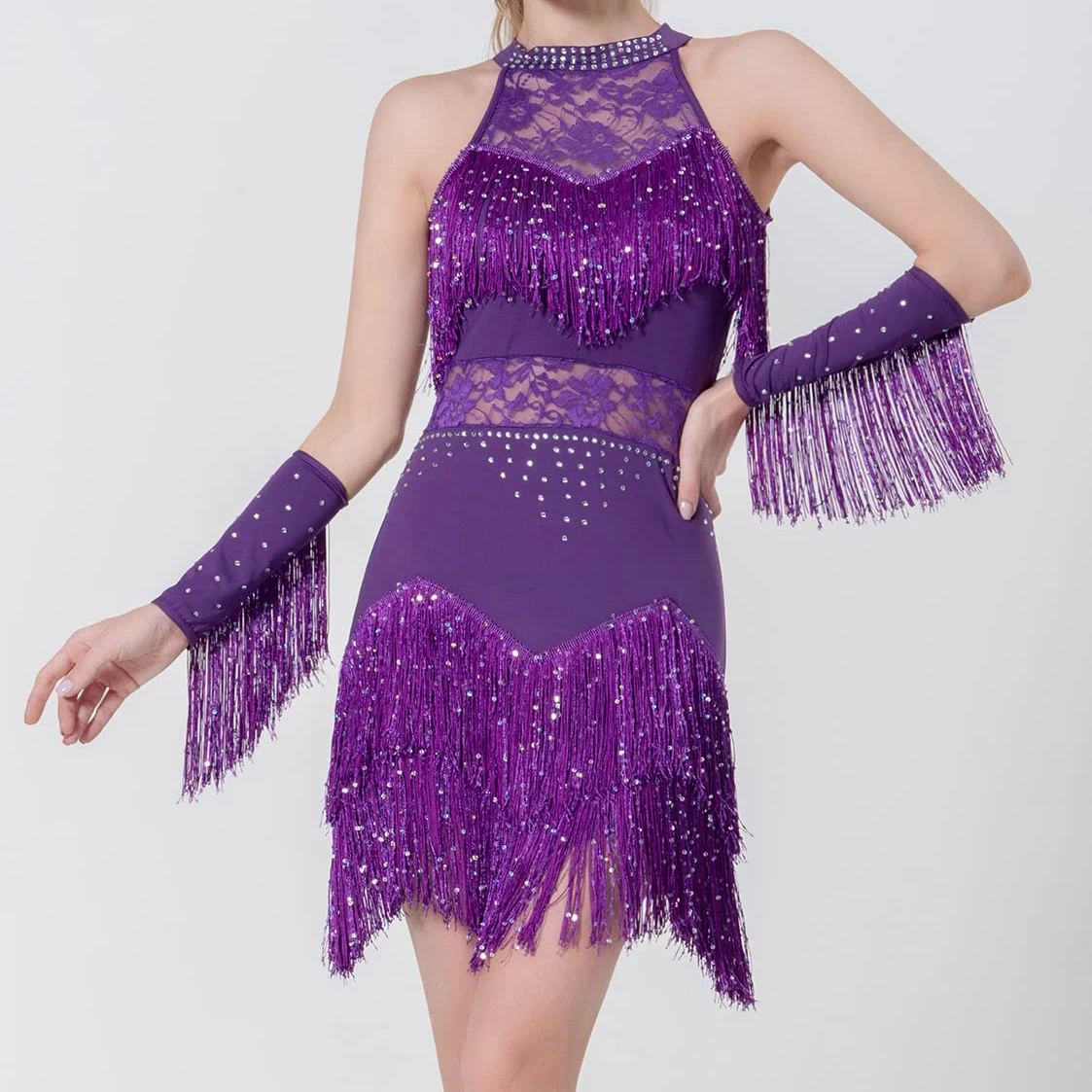 Latein-Tanzkleid mit Armband, Damen, Spitze, Strass, Fransen, Samba, Rumba, Tango, Gesellschaftstanz, Performance, Wettbewerbskostüm