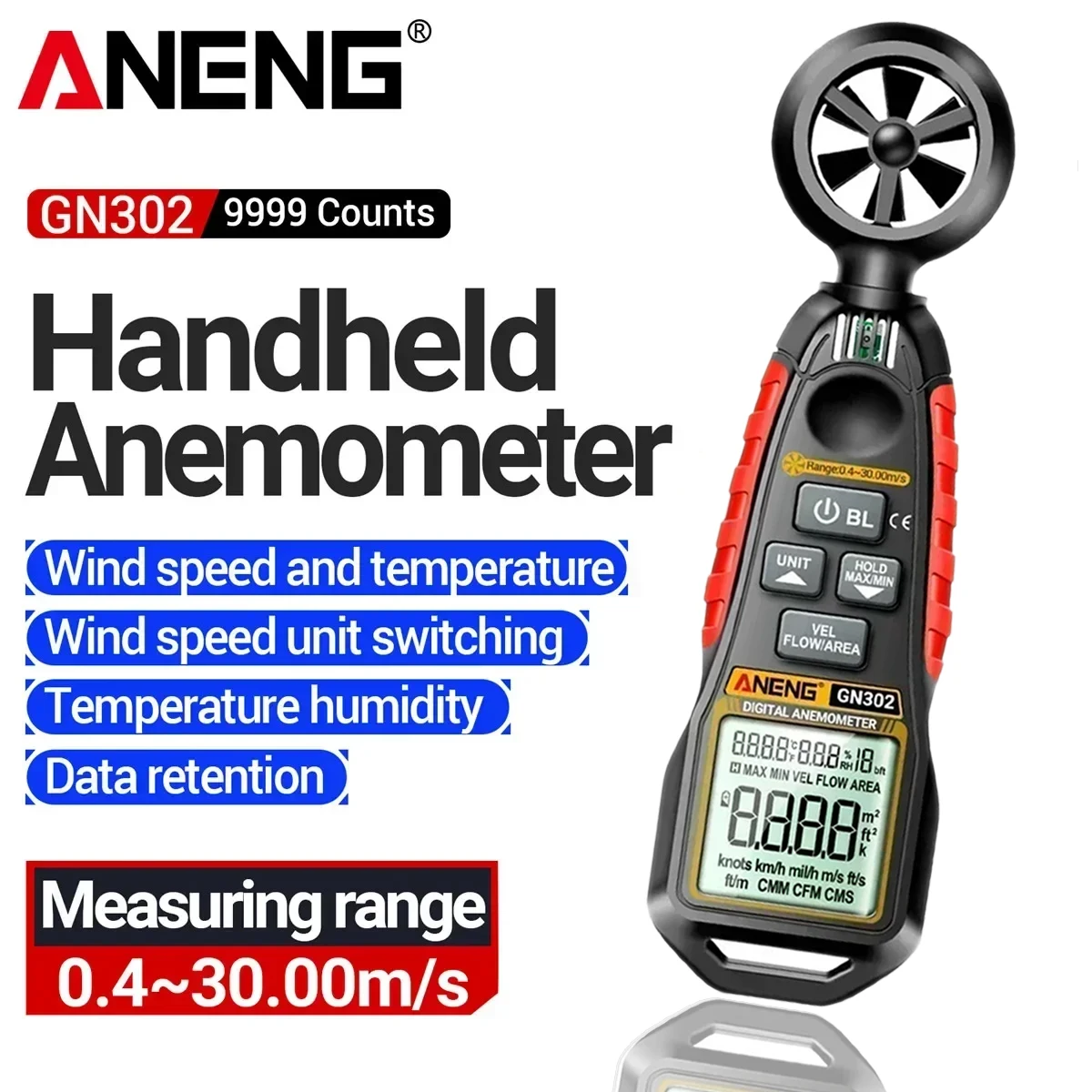 

Digital Anemometer 0.4~30m/s ANENG GN302 Handheld wind speed meter Humidity Air Velocity Airflow -20°C ~ 60°C Temperature Test