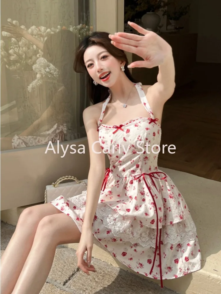 วินเทจหวานคอติดตั้งชุดมินิผู้หญิงเกาหลีElegant Lace Fairyดอกไม้ชุดหญิง 2025 ฤดูร้อนแฟชั่นCausal Party Dress