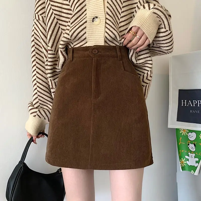 Corduroy Plus Size Fashion Women Shorts Skirt Autumn Winter Vintage High-waisted Slimming Versatile A- Line Bodycon Skirt