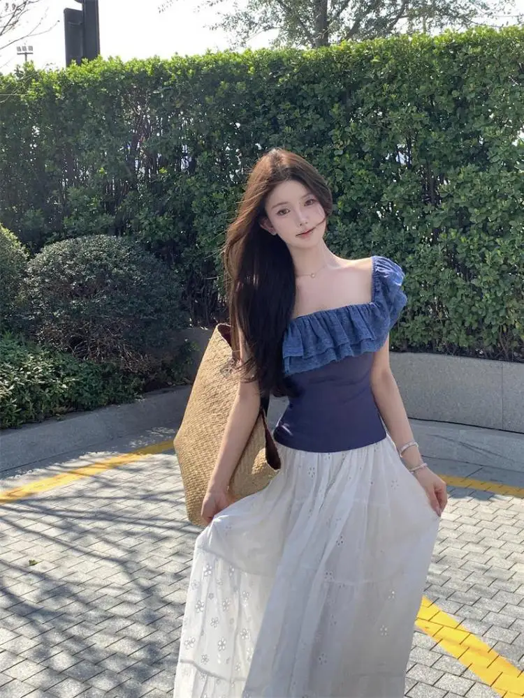 

Летние женские синие кружевные короткие топы без бретелек с открытыми плечами и оборками на спине + сетчатая плиссированная длинная юбка с высокой талией, новый комплект из двух предметов