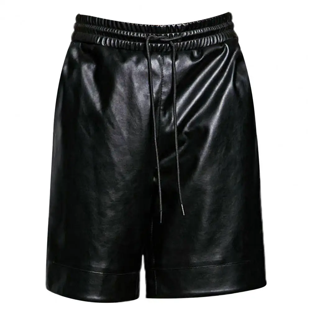 Faux Leather Shorts Men Drawstring Waist Shorts Men\'s Faux Leather Drawstring Shorts with Pockets Wide Leg Streetwear for Men