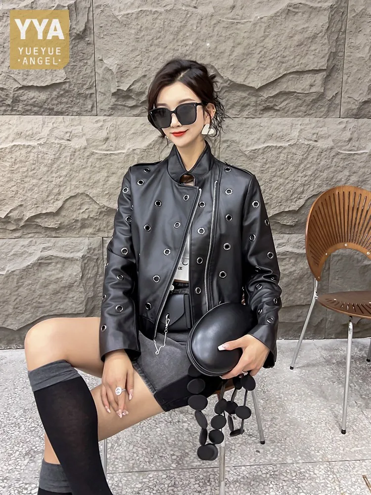 Punk Style Women Genuine Leather Jacket Stand Collar Long Sleeve Street Motorcycle Short Coat Female Natural Sheepskin Jackets