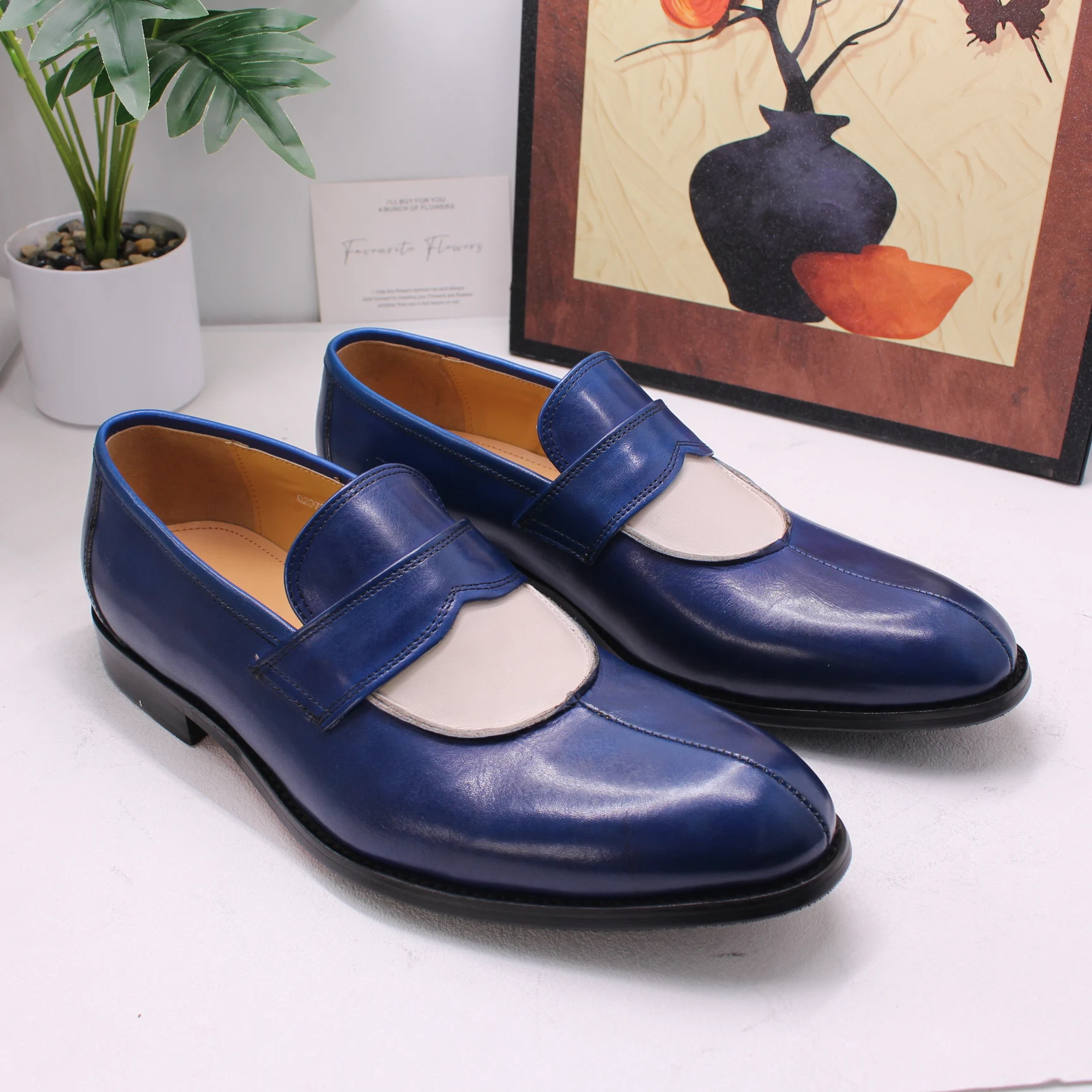 Blue White Sewing Design Matte Leather Loafers Fashion Slip On Men Shoes Luxurious Handmade Party Banquet Office Men Dress Shoes