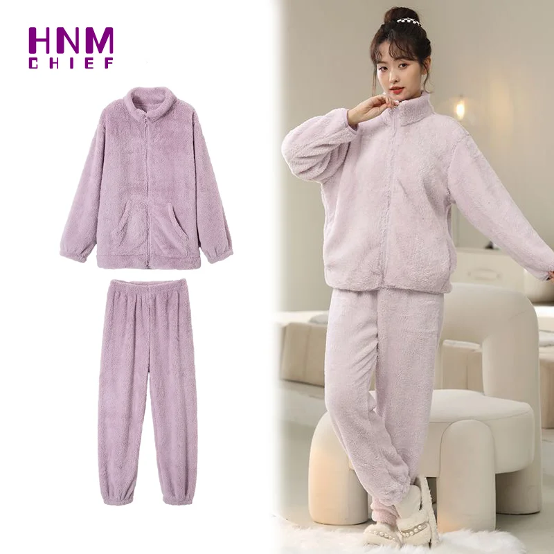 

Antistatic Coral Fleece Women's Pajamas Set Thicken Flannel Warm Sleepwear Zipper Pajama Women Pyjama Long Sleeve Home Suit