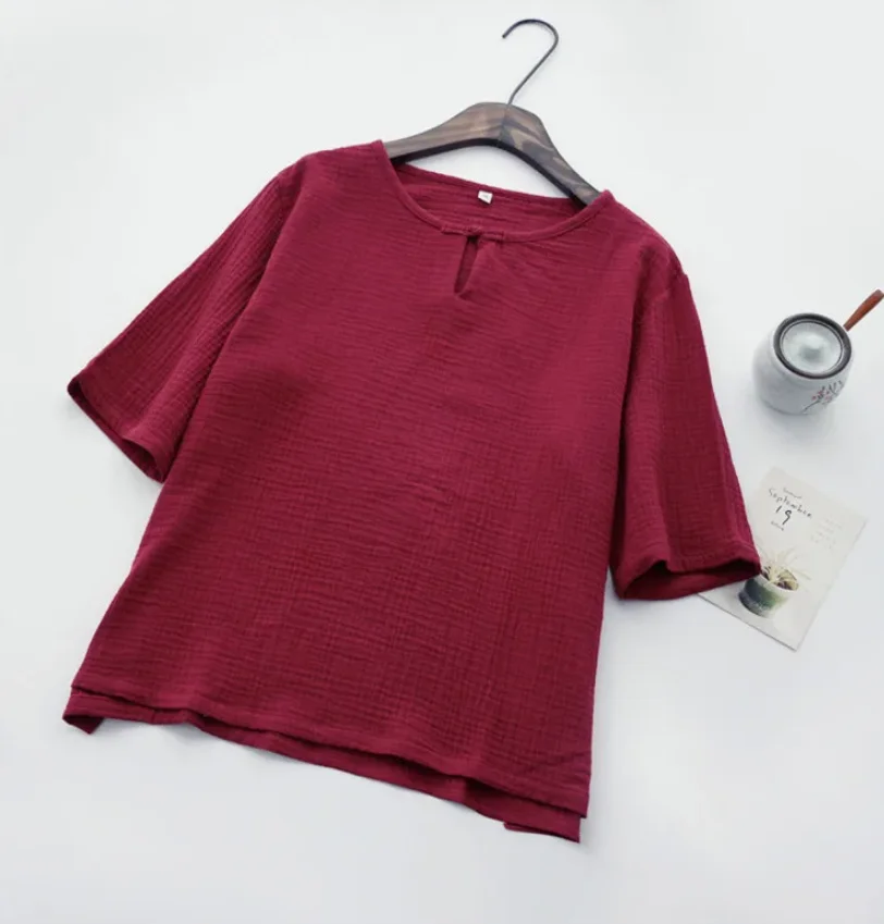 Plus size Blusas Femininas Chinese style vintage cotton linen half sleeve shirts Prairie Chic casual Blouses top mujer