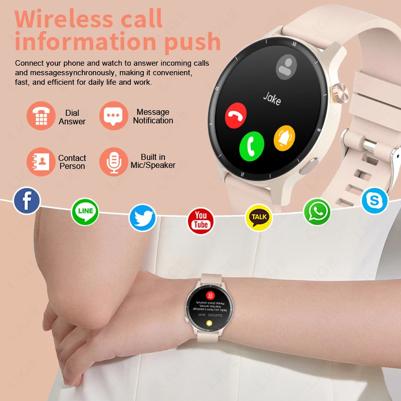 LIGE jam tangan pintar Dial dinamis 3D Fashion, jam tangan pintar wanita panggilan Bluetooth Monitor kesehatan layar 1.39 HD musik kebugaran