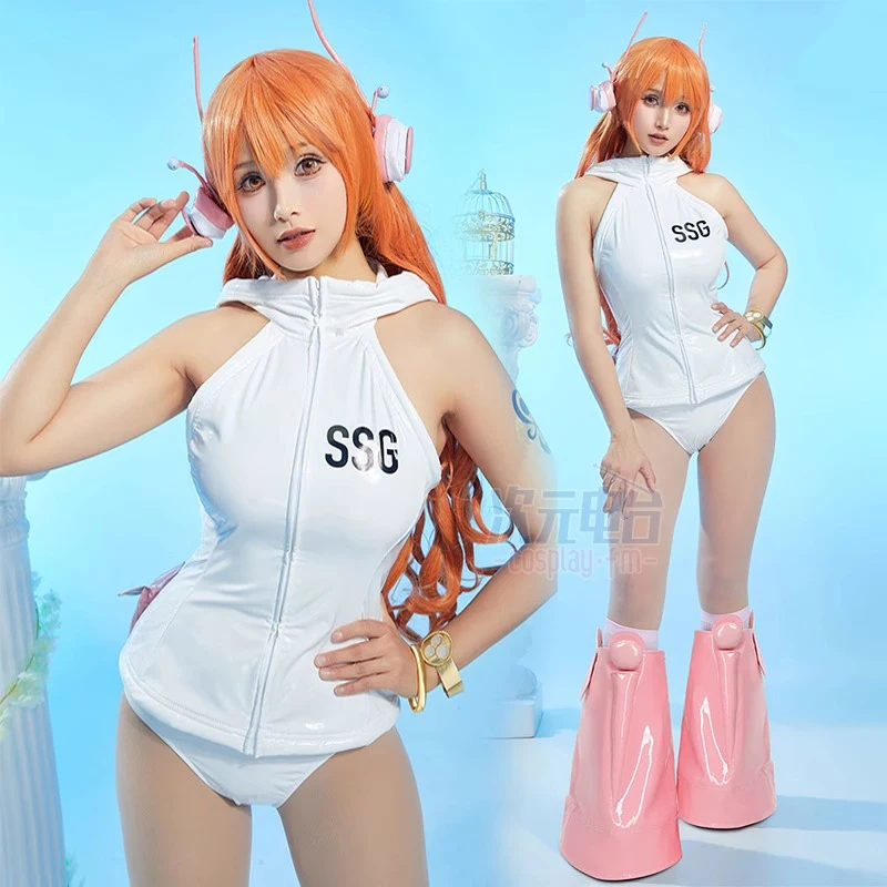 

Anime One Piece Nami Cosplay Costume Women Sexy White Leather Sleeveless Bodysuit Uniform Suit Halloween Carnival Party Clothes