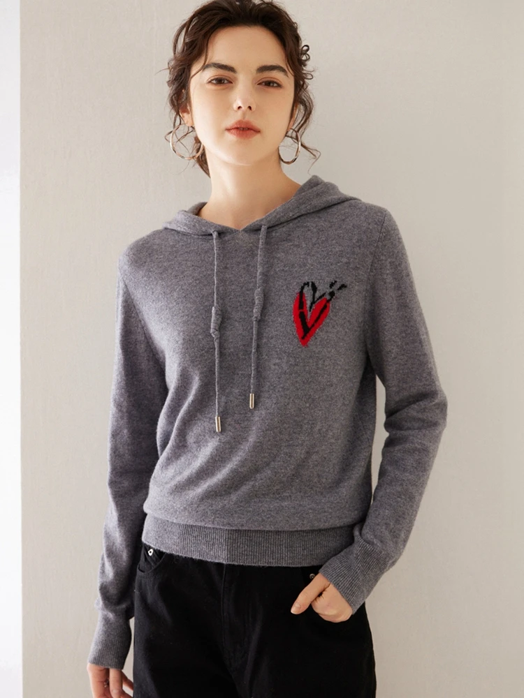 Devin Women 100% Cashmere Sweater Heart Knit Hooded Pullover Autumn Winter Casual Loose 100% Cashmere Knitwear Korean Tops