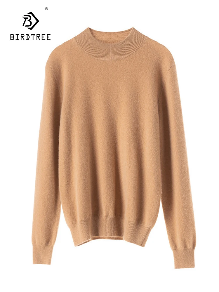 

Birdtree 35%Cashmere 65%Wool Half High Collar Sweater Women's Solid Pullover Basic Winter New Loose Knitted Underlay T38483QC