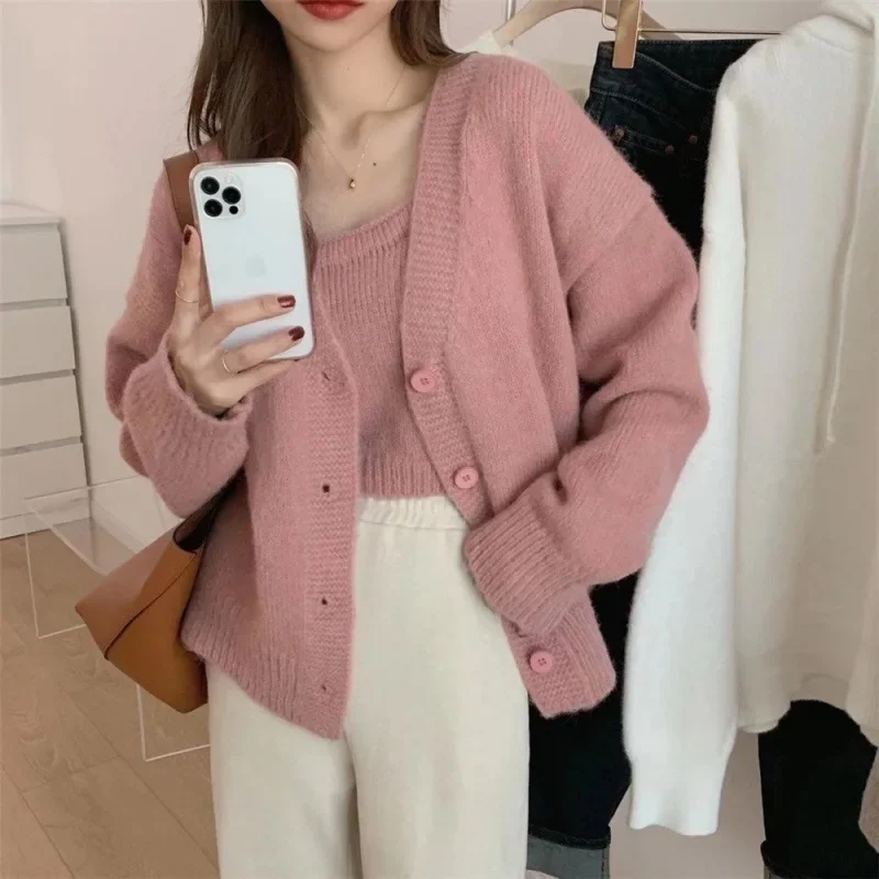 

Women Chic Two Piece Set Camisole + Cardigans New Single Breasted Knit Sweater Cardigans Kawaii Vest Slim Casual Two Piece Set