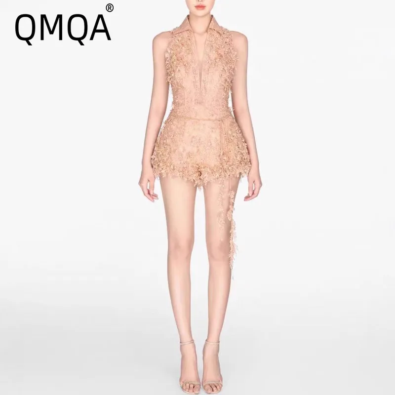 QMQA Fashion Women's Elegant Jumpsuit Lace Gauze Patchwork Deep V-neck Belt Sleeveless Party Slimming Playsuits Female QM877