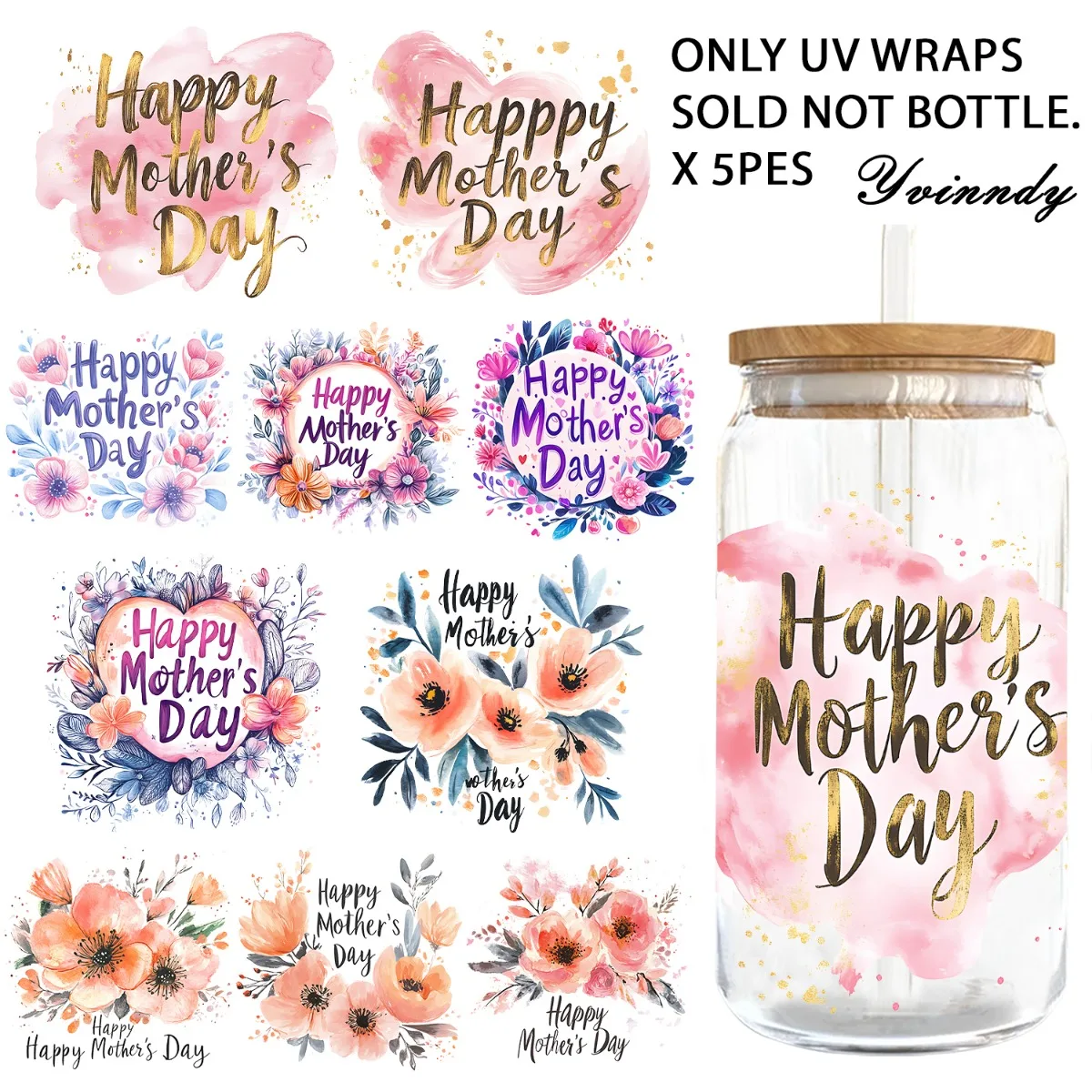 5 Stück/Set mit 16OZ Motiven zum Muttertag, Muttertags-Textdesign, UV-DTF, geeignet für Tassendekoration, Geschenkhersteller (ohne Tassen)