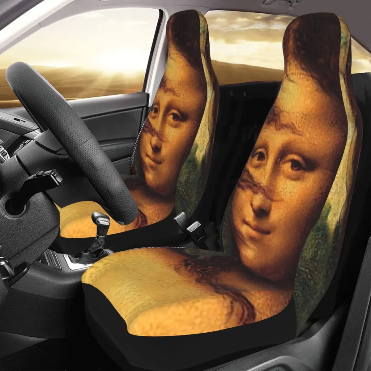 

Funny Mona Lisa Wind In Hair Car Seat Cover Custom Printing Universal Front Protector Accessories Cushion Set