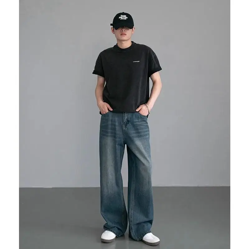 

Американские винтажные мужские джинсы с высокой талией, свободные прямые брюки, длинные брюки с эффектом похудения, осенне-зимняя мода