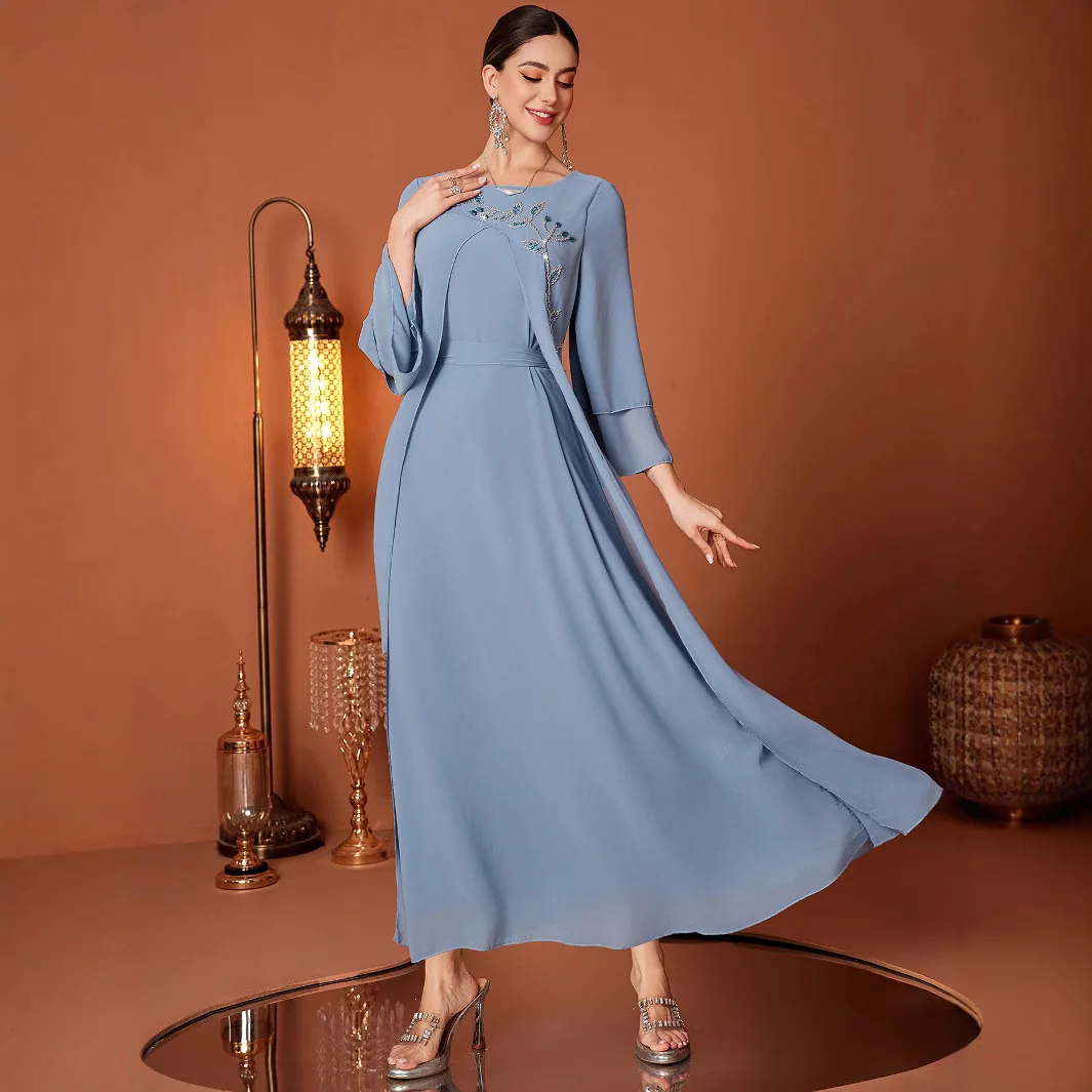 Middle East Fashion Muslim Female Clothes Women Light Blue Loose O-neck Long Sleeve Ankle Length Solid Color Sparkly Dresses