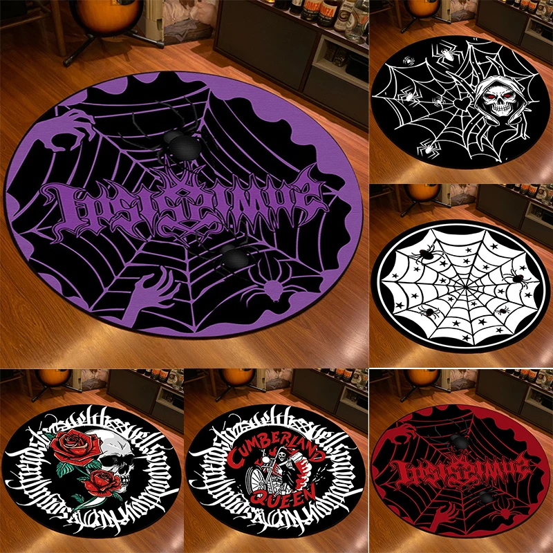 Gothic Style Round Area Rug with Spider Web Skull Rose Patterns Floor Mat for Dark Themed Living Room Bedroom Home Decor
