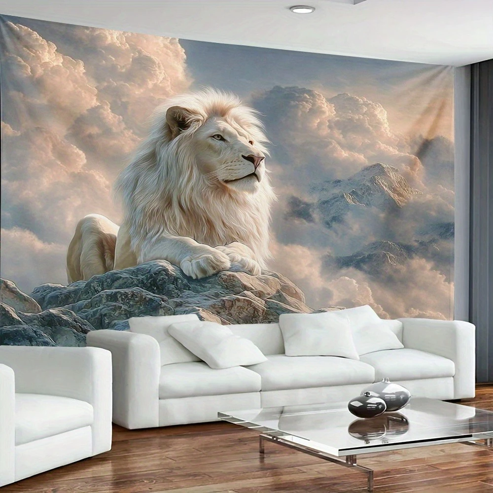 1pc Majestic Rock White Lion Canvas Tapestry - Polyester Fabric, Perfect for Living Room, Bedroom Decoration
