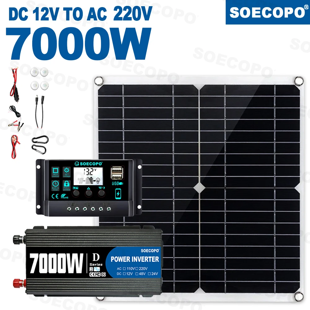 7000W omvormerkit 12V 110V220V 300W zonnepaneel 100A controller en batterijlader voor schuur/verlichting/kamperen, eenvoudige installatie