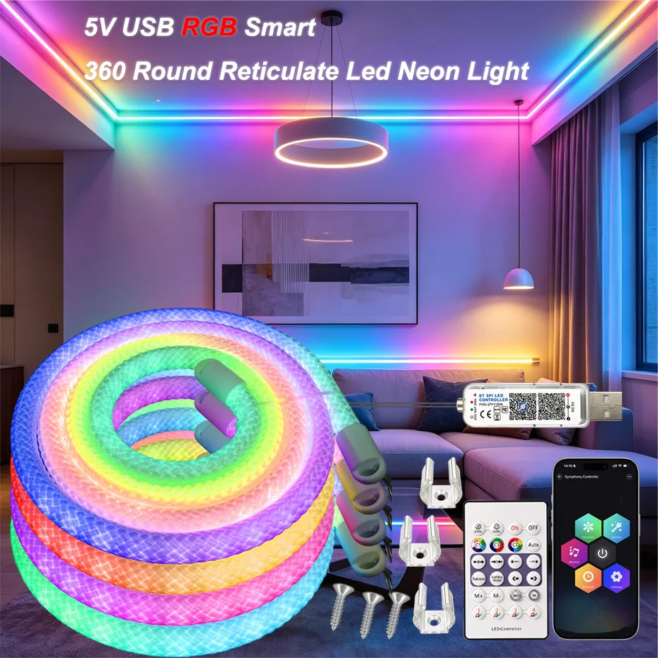 

360° Shine Round Neon LED Strip 5V USB RGBIC 67LEDs/m 1m-5m Addressable Dream Color Waterproof IP67 APP Bluetooth Control